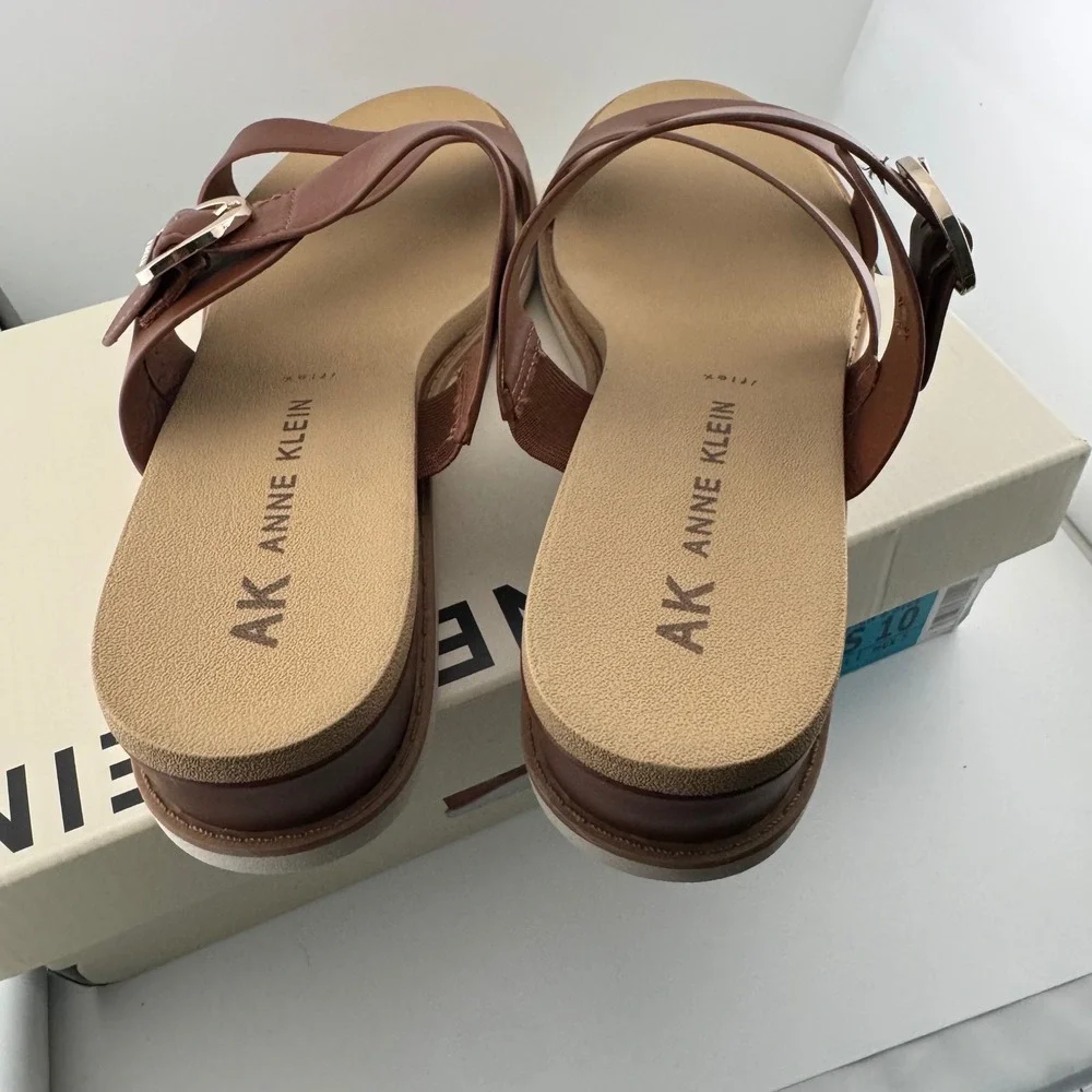Anne Klein Lalasa Sandal Women 10 Cognac Brown Strap Wedge Buckle Comfort iFlex